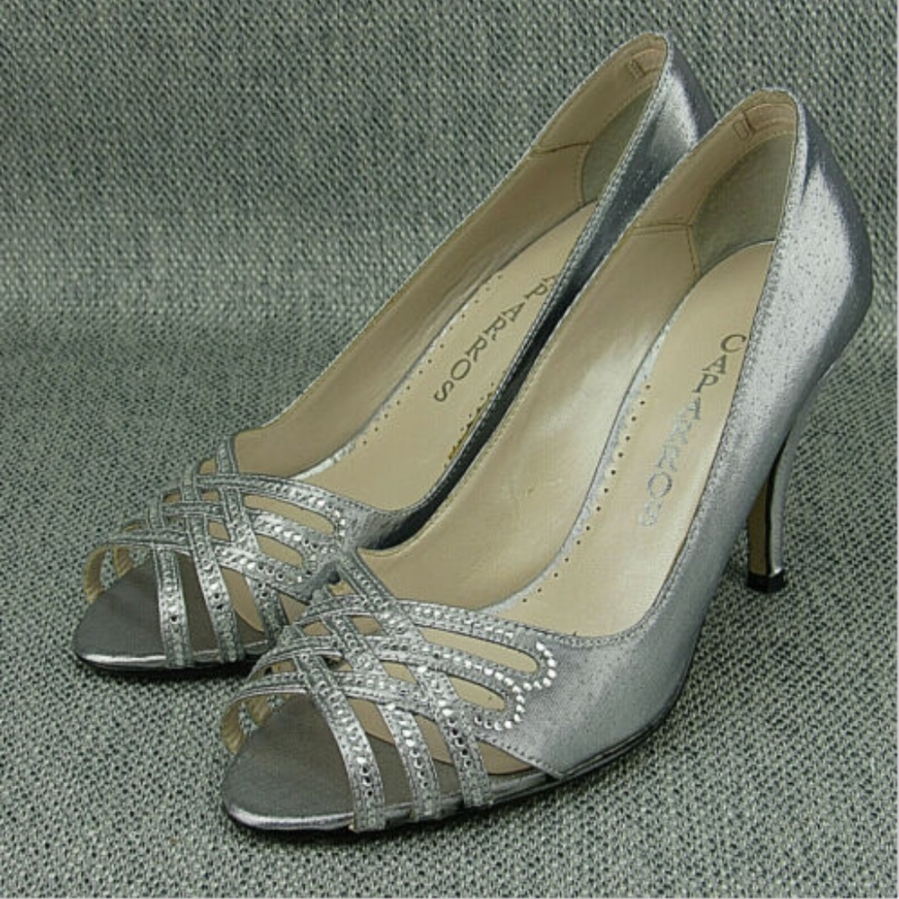 Caparros Silver Sparkle Rhinestone Peep Toe Heel
